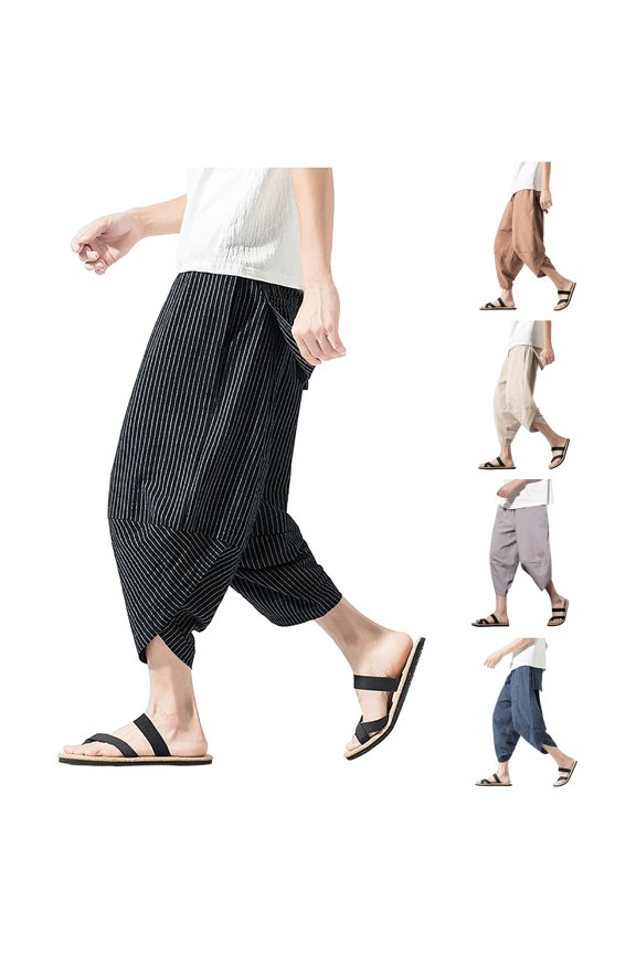 Summer Cropped Pants Men's Striped Casual Pants Trend Large Size Baggy Wide Leg Knickers Pants Mens