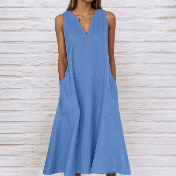 TIANZEN Summer Dresses For Women Casual Sleeveless Linen Flowy Beach Dress With Pockets plus Size Maxi Dresses Tunic Shirt Dress Long Summer Dress