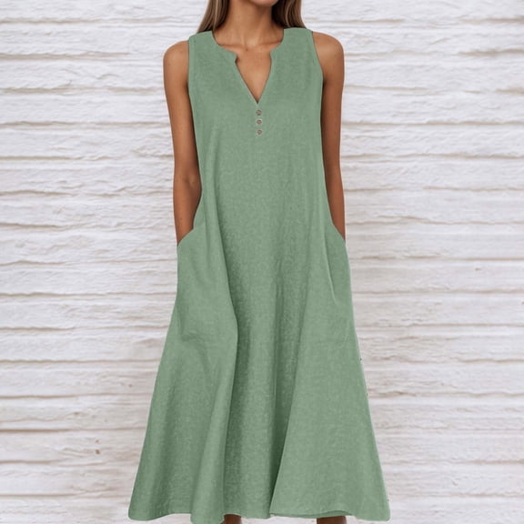 TIANZEN Summer Dresses For Women Casual Sleeveless Linen Flowy Beach Dress With Pockets plus Size Maxi Dresses Tunic Shirt Dress Long Summer Dress