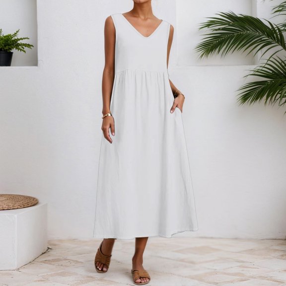 TIANZEN Summer Sleeveless Casual Dresses With Pockets For Women Beach Coverup Summer Dress with Sleeves for Women Sleeveless Straight Dresses Tee Shirt Dress
