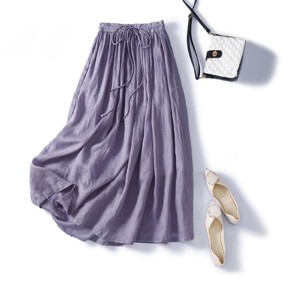 TIANZEN Summer Women's Solid Color Linen Blend Midi Skirt Lightweight Draped Linen Length Skirt For Casual Wear Metallic Pencil Skirt Womens Skirts Midi Length Tennis Skirts for Girls