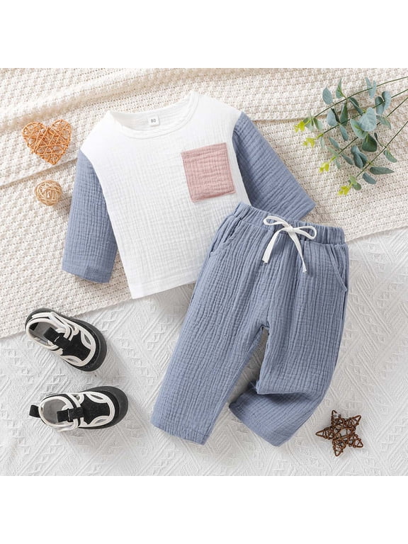 Toddler Boys Long Sleeve Patchwork Color Pocket Tops Casual Sports Pants Two Piece Outfits Set For Kids Clothes Toddler Boy Easter Outfit