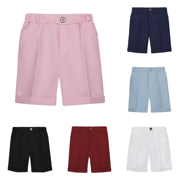 TIANZEN Toddler Boys' Loose Fit Casual Shorts Breathable Solid Color Pleated And Rolled Suit Pants For Outdoor Boy School