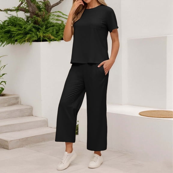 TIANZEN Trendy Women's Trousers Suit Casual Wide Leg Pants Set With Pocket Short Sleeve T Shirt Ideal For Everyday Wear In Spring Women Snow Pants Bib Jumpsuits for Women plus Size Thermal Overalls