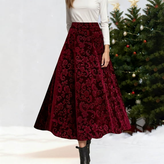 TIANZEN Velvet Printed Skirt For Elegant Floral Pattern High Waist A Line Midi Length Party Evening Occasion Stretchy Skirts for Women Denim Midi Skirts