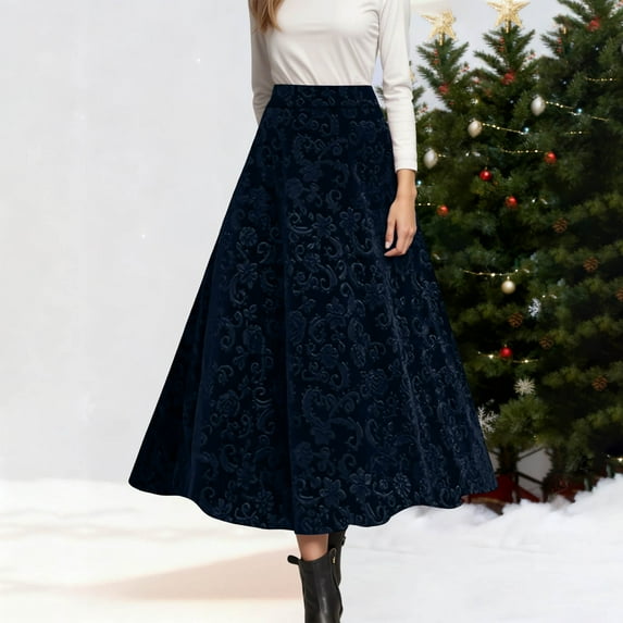 TIANZEN Velvet Printed Skirt For Elegant Floral Pattern High Waist A Line Midi Length Party Evening Occasion Poodle Skirt Fall Skirts