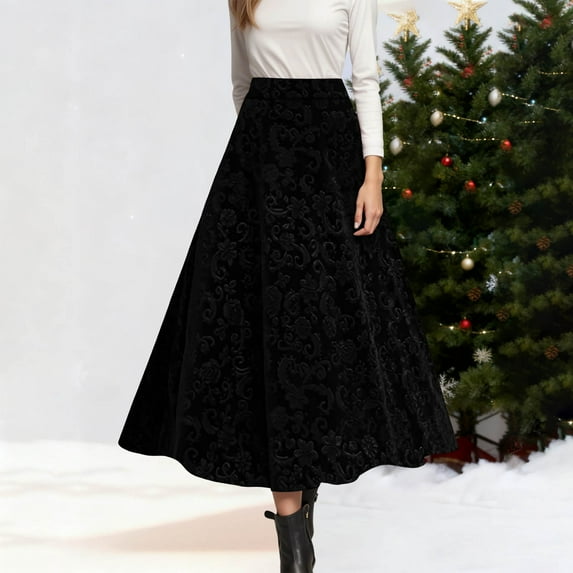 TIANZEN Velvet Printed Skirt For Elegant Floral Pattern High Waist A Line Midi Length Party Evening Occasion Scrub Skirt Flare Skirt