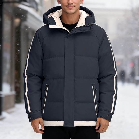 TIANZEN Winter Down Jacket Thickened Warm Casual Hooded Coat Striped Korean Style Outerwear Warm Dress Coats for Men Insulated Men Jacket