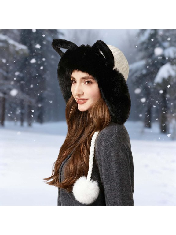 Winter Knit Hat With Cat Ears Cozy Lined Ear Trapper Hat For Outdoor Cold Weather Thermal Cap Trapper Glasses for Men