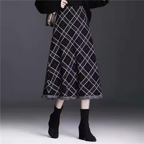 TIANZEN Winter Plaid Fringe Skirt For High Waist Flowy Maxi Skirt With Thickened Warm Fabric Elegant A Line Design For Fall And Cold Weather Occasions Workout Skirt Fitted Bed Skirt
