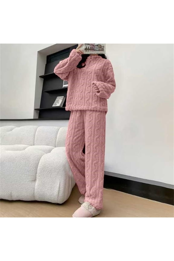 Winter Warm Pyjamas Sleepwear Two Piece With Pockets Pyjama Crew Neck Sweatshirt Plus Size Long Sleeve Loungewear Loose Comfortable Trousers Pant Set for Women Party Women Dress Suites