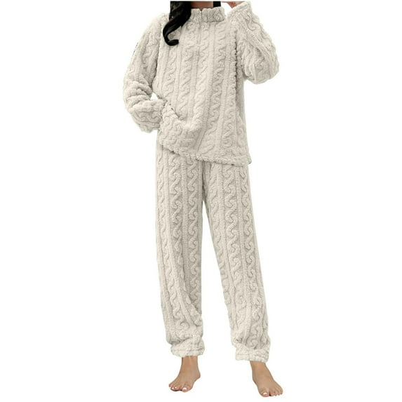 TIANZEN Winter Warm Pyjamas Sleepwear Two Piece With Pockets Pyjama Crew Neck Sweatshirt Plus Size Long Sleeve Loungewear Loose Sweatpants Outfit Women Juniors Pant Suit Tracksuit Women