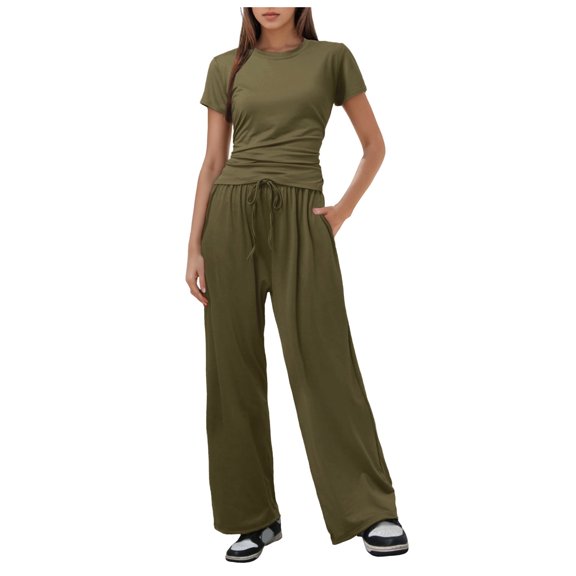 TIANZEN Women 2 Piece Casual Suit Pleated Short Sleeve Top And High Waisted Wide Leg Pants Tracksuit Set L Bandeau Bathing Suit Summer Dress