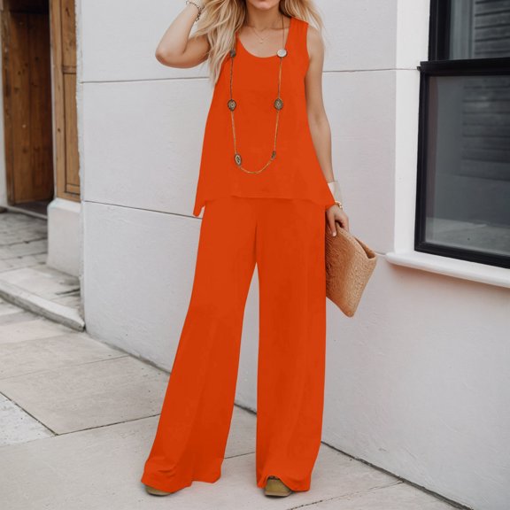 TIANZEN Women 2 Piece Outfits Boho Casual Solid Color Vest Sleeveless Top Loose Wide Leg Pants Trousers Two Piece Set Suit Womens Tan Suit Bridal Jumpsuits 80s Jumpsuits for Women