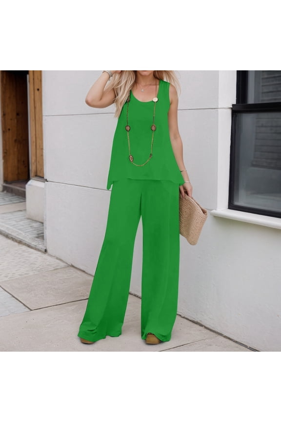 Women 2 Piece Outfits Boho Casual Solid Color Vest Sleeveless Top Loose Wide Leg Pants Trousers Two Piece Set Suit Womens Tan Suit Bridal Jumpsuits 80s Jumpsuits for Women