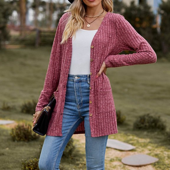 TIANZEN Women 2024 Autumn Mid Long Cardigan Casual Long Sleeve Neck Knitted Sweater Cardigans With Pocket Mustache Cardigan Long Leopard Cardigan Sweaters for Women Couture Cardigan