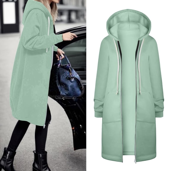 TIANZEN Women Autumn Winter Casual Fashion Solid Color Drawstring Hooded Long Zipper Pocket Coat Long Jacket Coat Casual Pants And Jacket for Women Wool Coat Small Womens Vest