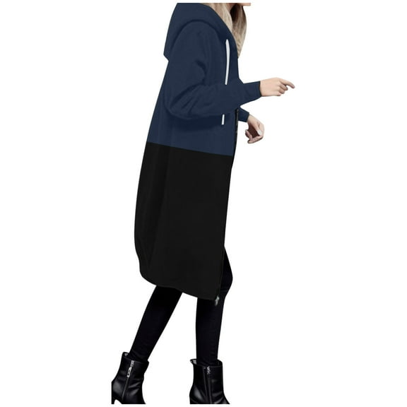 TIANZEN Women Autumn And Winter Casual Fashion Solid Color Drawstring Hooded Long Zipper Pocket Coat Long Jacket Coat Casual Suit Jacket for Women Jean And Wool Jacket Long Anorak Jacket