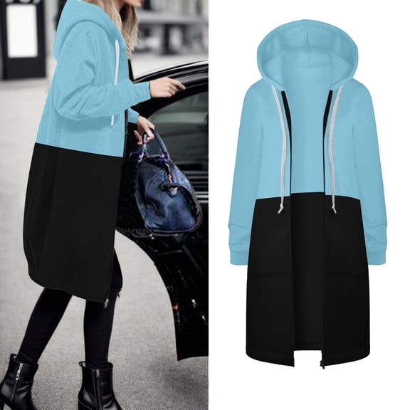 TIANZEN Women Autumn And Winter Casual Fashion Solid Color Drawstring Hooded Long Zipper Pocket Coat Long Winter Coats for Women Fashion Women Jacket Fall Business Casual Plain Flannel