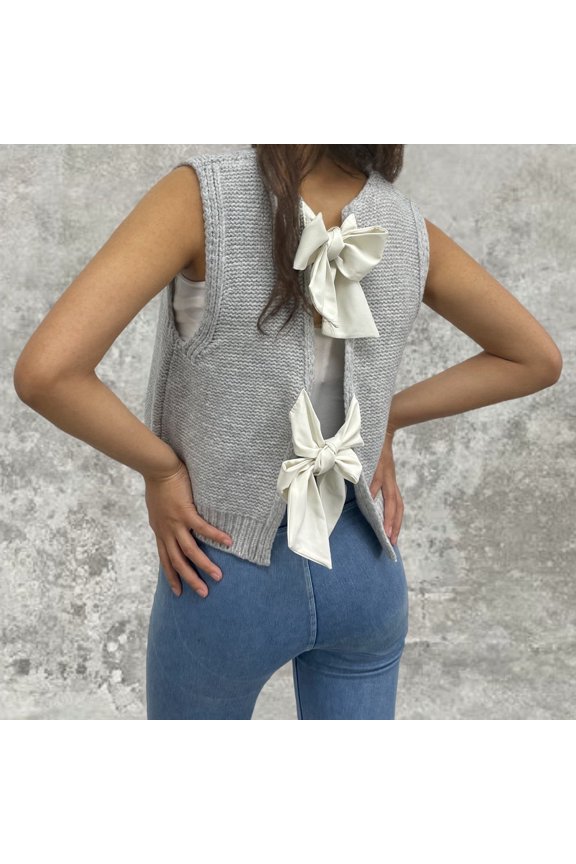 Women Autumn And Winter Solid Color Casual Short Knitted Sweater Vest Top Knitted Bow Vest Vest V Neck Vest Sweater Men Oversized Men Casual Dress Sweater