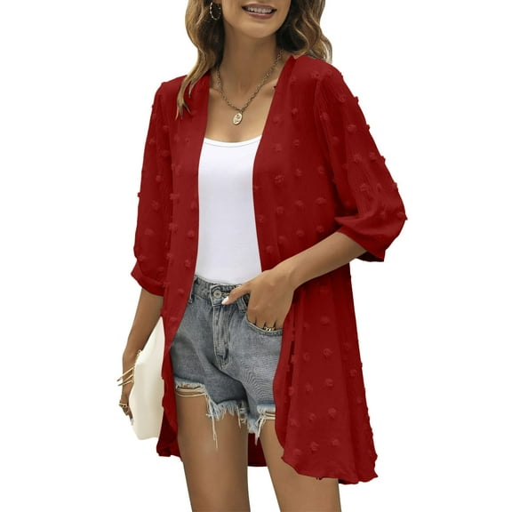 TIANZEN Women Casual Cardigan Three Quarter Sleeve Open Front Lightweight Dots Cardigan Draped Ruffles Cardigan Womens Kimono Cardigan Women Cardigan Loose Knit Cardigans for Women
