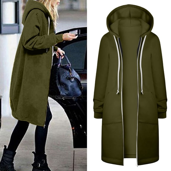 TIANZEN Women Casual Long Hooded Drawstring Solid Zip Jacket Pockets Jacket Zipper Coat Jackets Casual Women Jackets Casual Olive Jacket Women