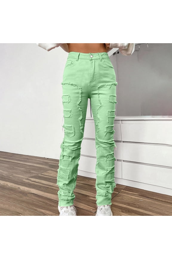 Women Denim Embroidered Straight Leg Pants Stretch Patch Denim Stacked Straight Leg Jeans For Women Jean for Woman Jean Pajama Pants Women
