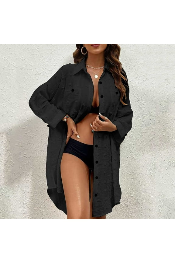 Women Fashion Solid Swimsuit Shirt Dress Loose Buttoned Cardigan Chiffon Casual Cover Up Bottom Cover Ups for Swimwear Women Swimsuit Cover up Dress Swimsuit Cover up Girls