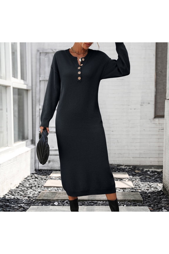 Women Long Sleeve Button V Neck Oversized Casual Loose Fit Knit Fall Midi Sweater Dress Trendy Outfits Business Casual Dresses for Women Tan Dress for Women Dress for Women Casual