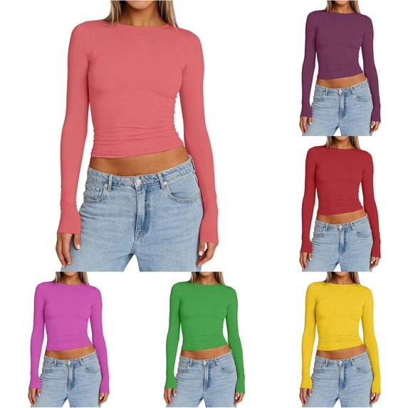 TIANZEN Women Long Sleeve Shirt Basic Crop Top Fashion Underwear Layer Slim Top Tunic Raglan
