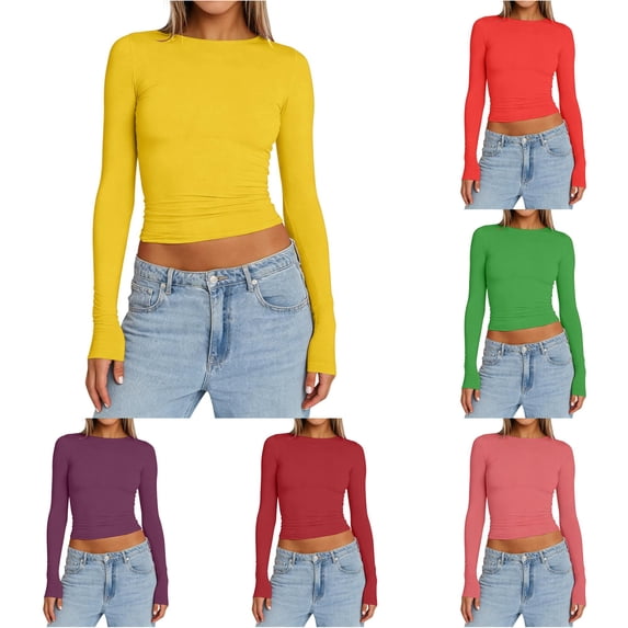 TIANZEN Women Long Sleeve Shirt Basic Crop Top Fashion Underwear Layer Slim Top Tunic Raglan
