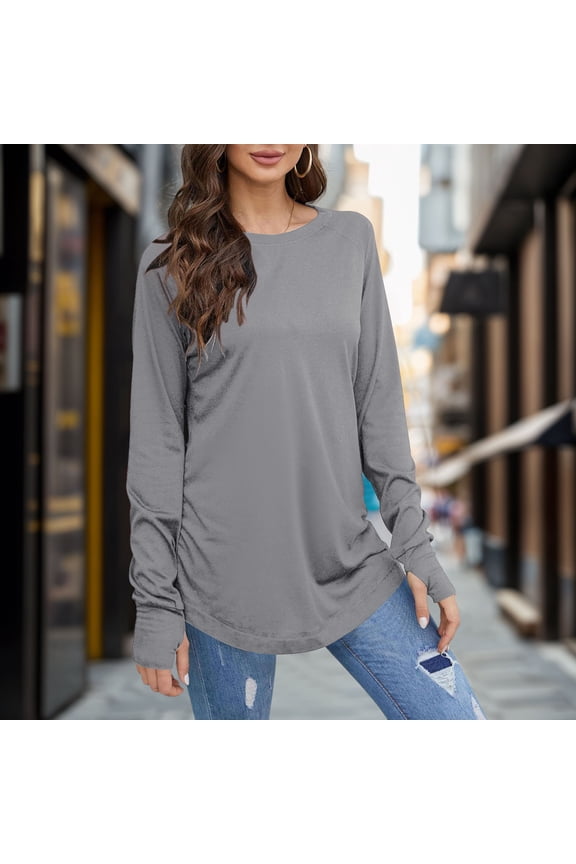 Women Long Sleeve Top Round Neck Basic Solid Color TShirt Shirt Thumbhole Tunic Exercise Shirts Women Pack Turtle Neck Long Sleeve Shirt Women Women V Neck Workout