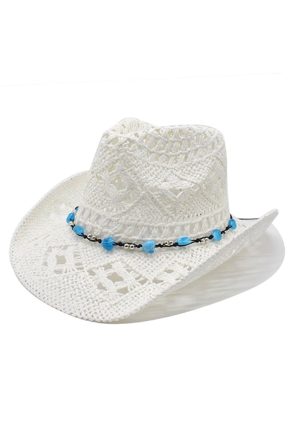 Women Men Summer Western Cowboy Hat Shapeable Straw Hat Hollowed Out Sun Hat Leopard Bow Visors