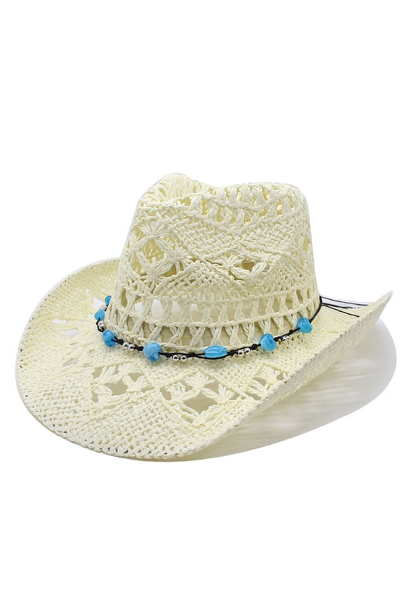 Women Men Summer Western Cowboy Hat Shapeable Straw Hat Hollowed Out Sun Hat Leopard Bow Visors