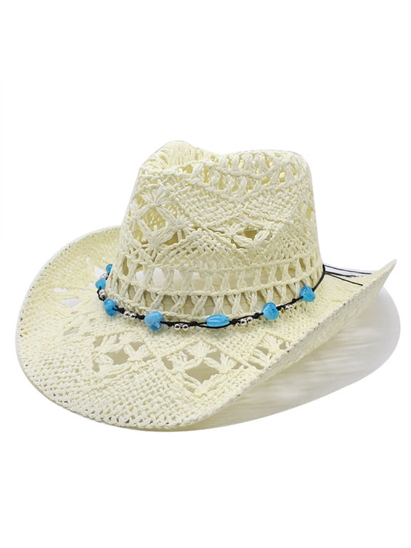 Women Men Summer Western Cowboy Hat Shapeable Straw Hat Hollowed Out Sun Hat Leopard Bow Visors