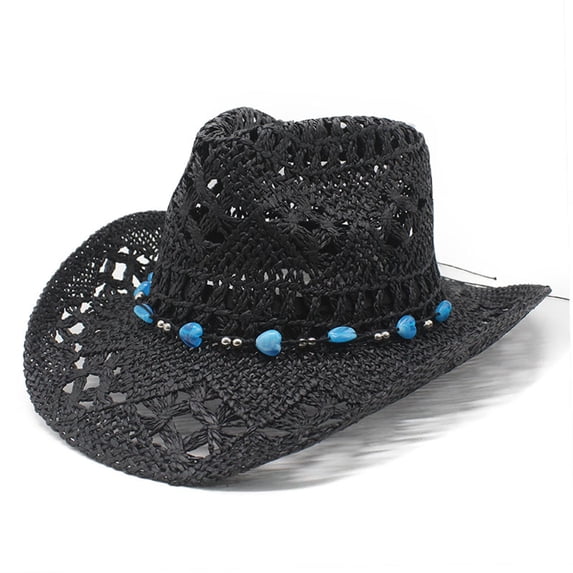 TIANZEN Women Men Summer Western Cowboy Hat Shapeable Straw Hat Hollowed Out Sun Hat Leopard Bow Visors
