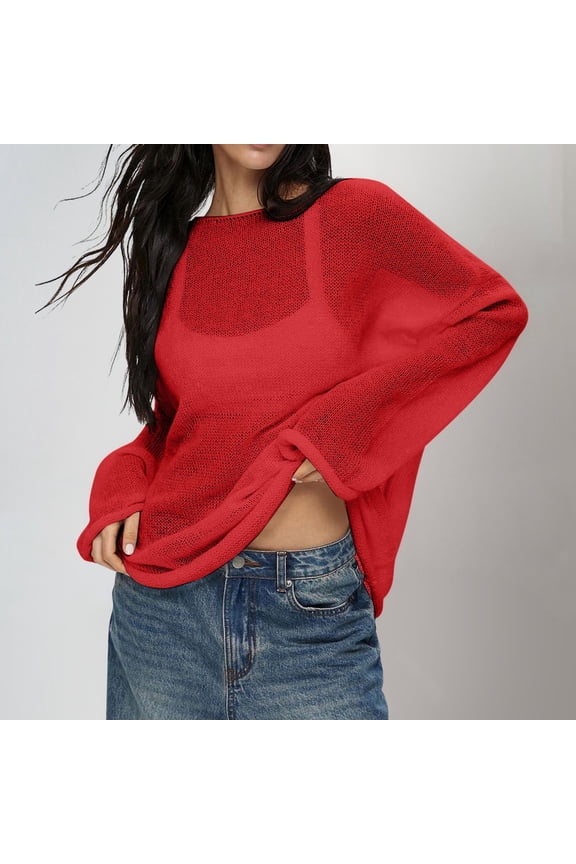 Women Oversized Long Sleeve Sheer Mesh Knit Sweater Tops Summer Loose Hollow Out Pullover Shirt Beach Sweaters for Work Comfy Shirts for Men Mens Long Neck Sweater
