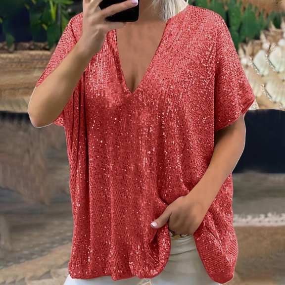 TIANZEN Women Plus Size Sparkly Sequin Blingbling V Neck Short Sleeve Loose Top Tee Shirt Long Sleeve Shirt Spandex Workout Tees Women Ladies Shirt Long Sleeve