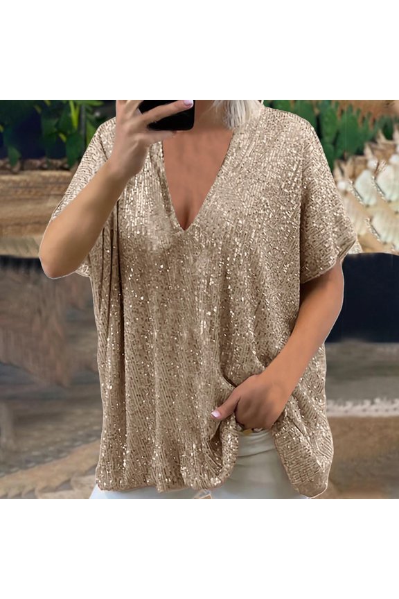 Women Plus Size Sparkly Sequin Blingbling V Neck Short Sleeve Loose Top Tee Shirt Long Sleeve Shirt Spandex Workout Tees Women Ladies Shirt Long Sleeve