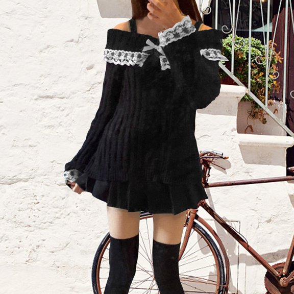 TIANZEN Women Off Shoulder Top Long Sleeve Lace Trim Knit Shirt Fashion Cute Solid Pullover Sweater Mens Button up Sweater Midtown Sweater Northwestern Quarter Zip