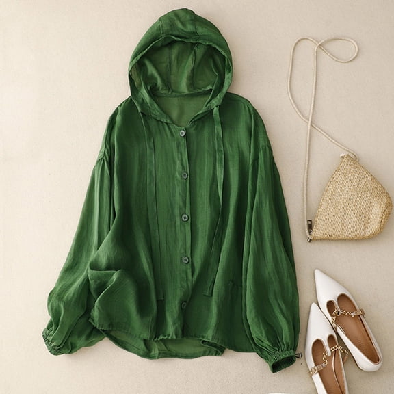 TIANZEN Women Solid Hoodie Jacket Drawstring Long Sleeve Button Down Blouse Oversized Hooded Cover Jackets for Women Fashion Womens Windbreaker Jackets Lightweight Water Proof Wind Proof Jacket Women