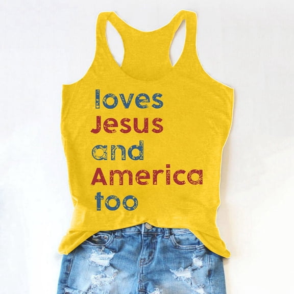 TIANZEN Women Summer And America Too Letter Printed Round Neck Sleeveless Tank Top Women Running Top Shiny Top Women Athletic Cropped Top