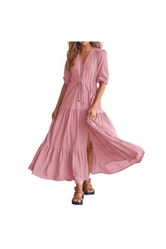 Women Summer Dresses Short Sleeves V Neck Button Drawstring Maxi Dresses Solid Color Boho Long Dresses Knit Dress Womens Maxi Dress with Pockets Backless Long Sleeve Dress