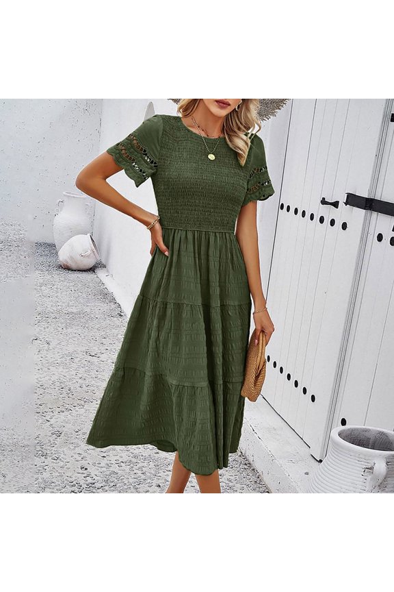 Women Summer Solid Color Casual Round Neck Short Sleeve Hollow Dress Mini for Women Midi Dresses Summer Casual Dresses