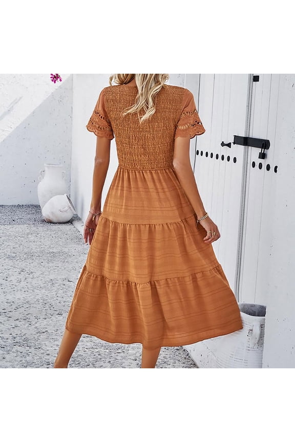 Women Summer Solid Color Casual Round Neck Short Sleeve Hollow Dress Mini for Women Midi Dresses Summer Casual Dresses