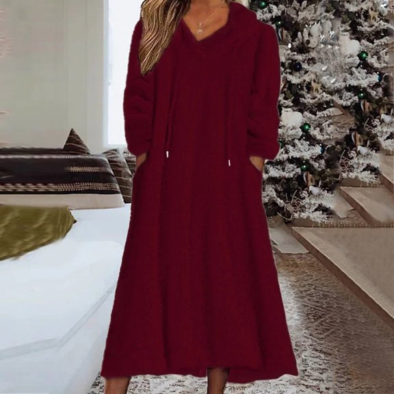 TIANZEN Women Sweatshirt Dress Winter Dress White Dress Midi Dress White 3/4 Length Sleeve Pure Color Pocket Winter Fall Hooded plus Size Sweater Mini Dress Cute Dresses Holiday Dress for Women