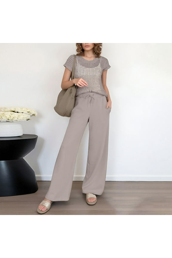 Women Two Piece Outfits Crochet Sheer Knit Sweater Top Wide Leg Pants Matching Sets Sweatsuit Travel Clothes Homecoming Pantsuits for Teens Ski Suit Women Wedding Guest Dresses for Women