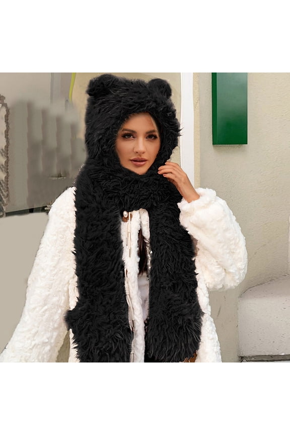 Women Windproof Three In Hooded Cap Earflap Hat Long Scarf Set Winter Thermal Earflap Hat Scarf Pocket Set Ear Cover Hat