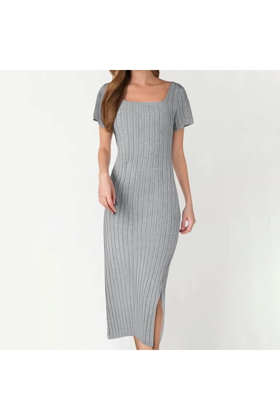 Women's 2025 Summer Bodycon Casual Short Sleeve Square Neck Midi Dress Knit Side Slit Long Ribbed Dresses Long Dresses with Sleeves Elegant Dress for Women Dress Casual Cute