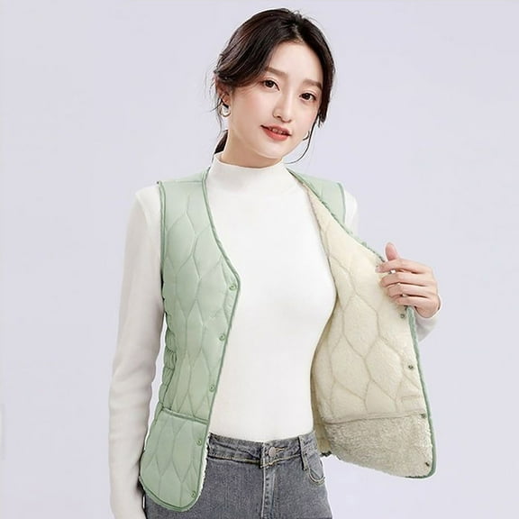 TIANZEN Women's Autumn And Winter Sleeveless Thickened Warm Button Vest Jacket Women's Short Lamb Thickened Vest Womens Christmas Vest Ladies Coats V Neck Belt Plain Outerwear for Women